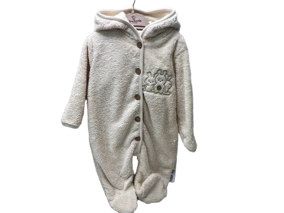 سرهمی کلاهدار و جورابدار نوزادی پولیشی  طرح خرگوش کرم رنگ ب ب لینا   BEBELINNA