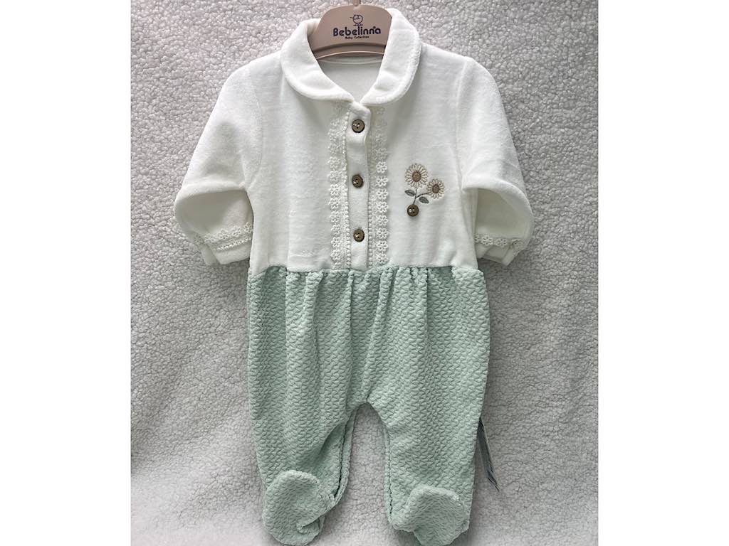 سرهمی جورابدار  مخمل گلدوزی  نوزادی  سبز و  شیری رنگ  دخترانه  بب لینا BEBELINNA