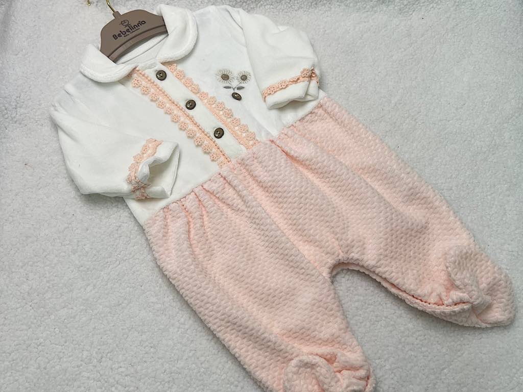 سرهمی جورابدار  مخمل گلدوزی  نوزادی  صورتی و  شیری رنگ  دخترانه  بب لینا BEBELINNA