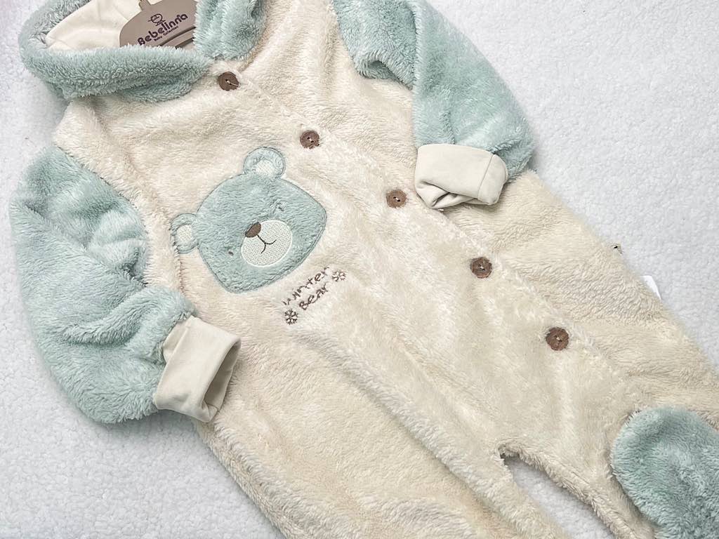 سرهمی کلاهدار و جورابدار نوزادی پولیشی  طرح خرس کرم  و سبز  رنگ ب ب لینا   BEBELINNA