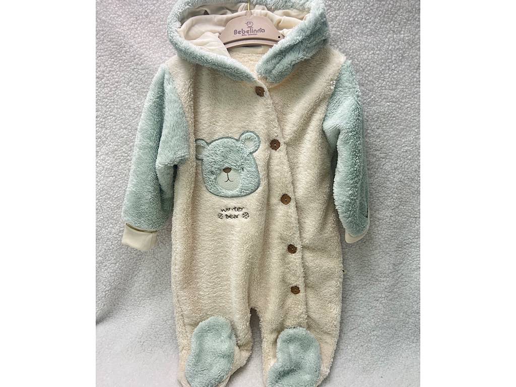 سرهمی کلاهدار و جورابدار نوزادی پولیشی  طرح خرس کرم  و سبز  رنگ ب ب لینا   BEBELINNA
