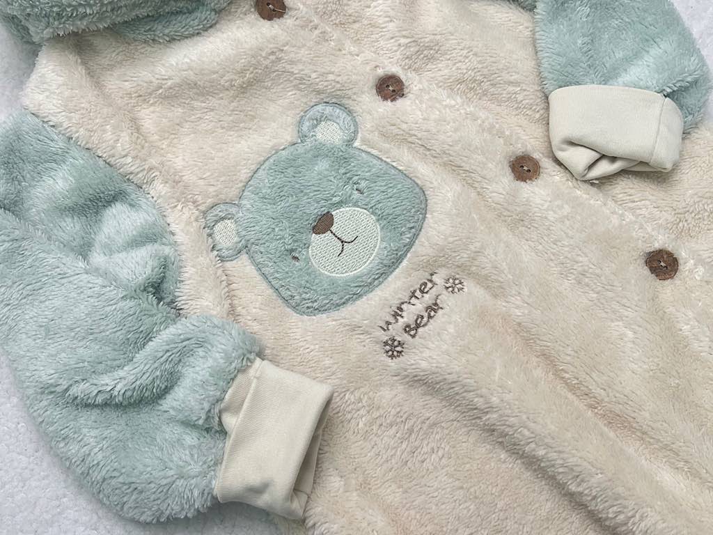 سرهمی کلاهدار و جورابدار نوزادی پولیشی  طرح خرس کرم  و سبز  رنگ ب ب لینا   BEBELINNA