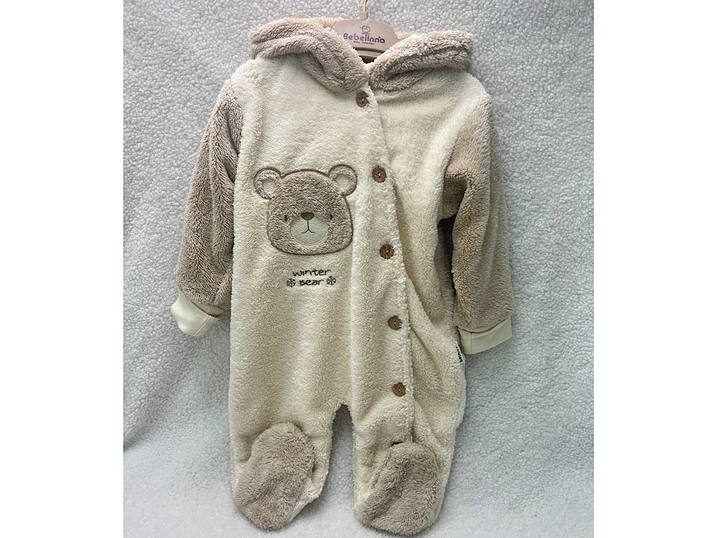 سرهمی کلاهدار و جورابدار نوزادی پولیشی  طرح خرس کرم نسکافه ای رنگ ب ب لینا   BEBELINNA