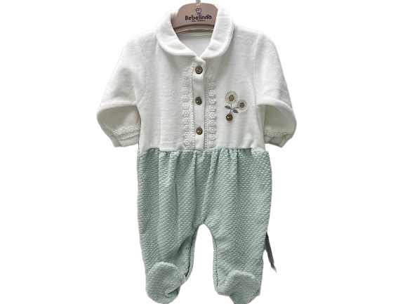 سرهمی جورابدار  مخمل گلدوزی  نوزادی  سبز و  شیری رنگ  دخترانه  بب لینا BEBELINNA