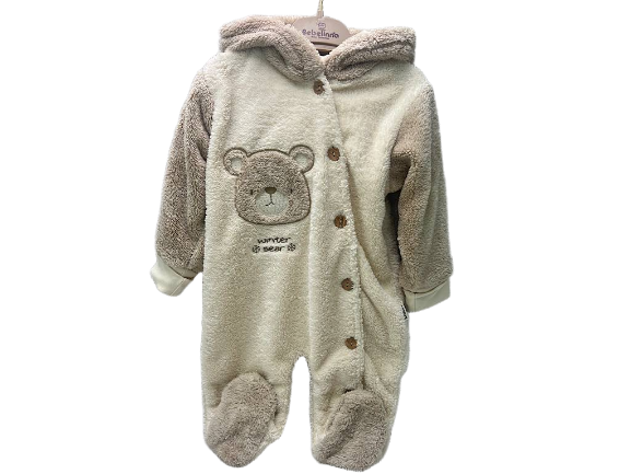 سرهمی کلاهدار و جورابدار نوزادی پولیشی  طرح خرس کرم نسکافه ای رنگ ب ب لینا   BEBELINNA