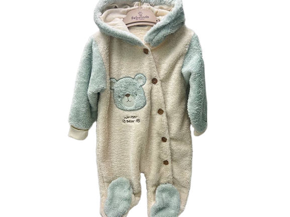 سرهمی کلاهدار و جورابدار نوزادی پولیشی  طرح خرس کرم  و سبز  رنگ ب ب لینا   BEBELINNA
