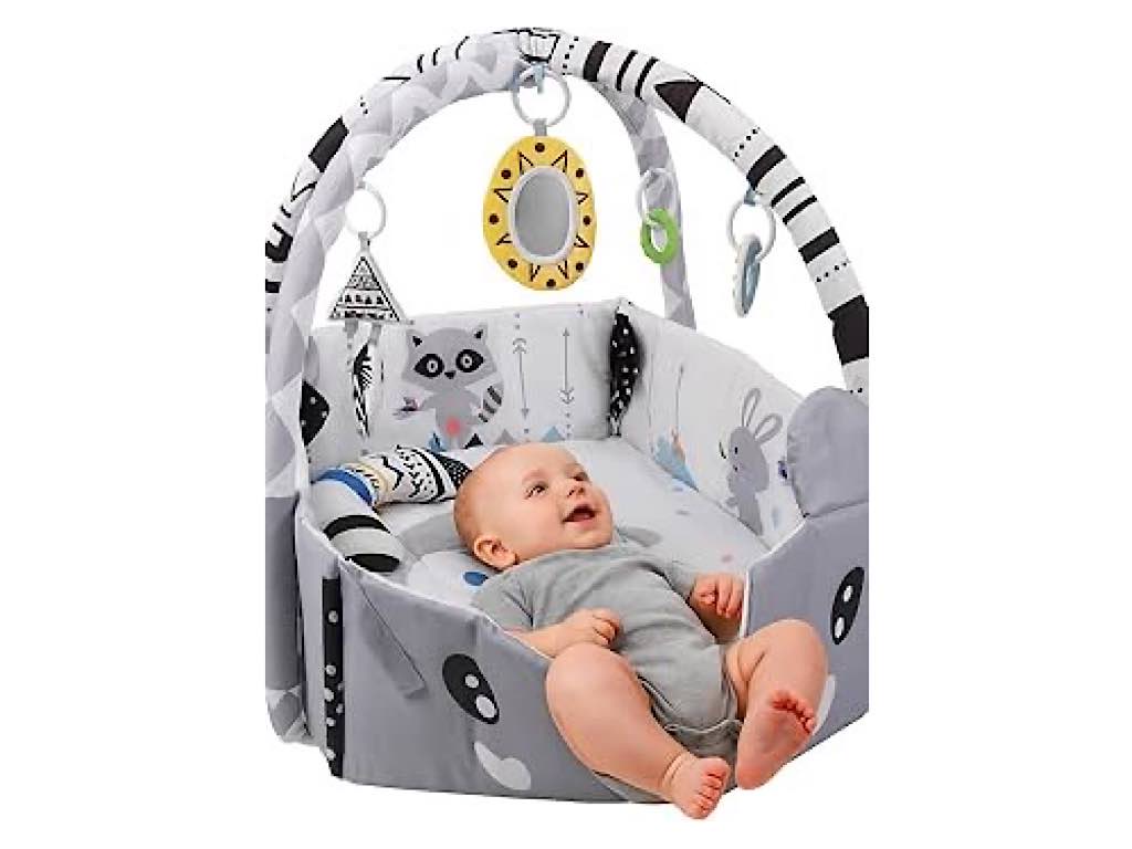 تشک بازی 3 کاره دارای جغجغه و توپ رنگی مدل خرگوش و حیوانات جنگل