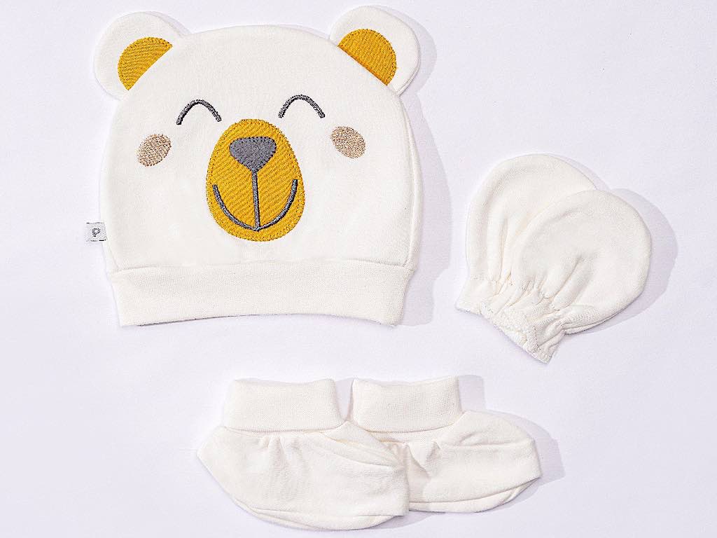 ست کلاه، دستکش و پاپوش نوزادی طرح خرس  پاپو papo