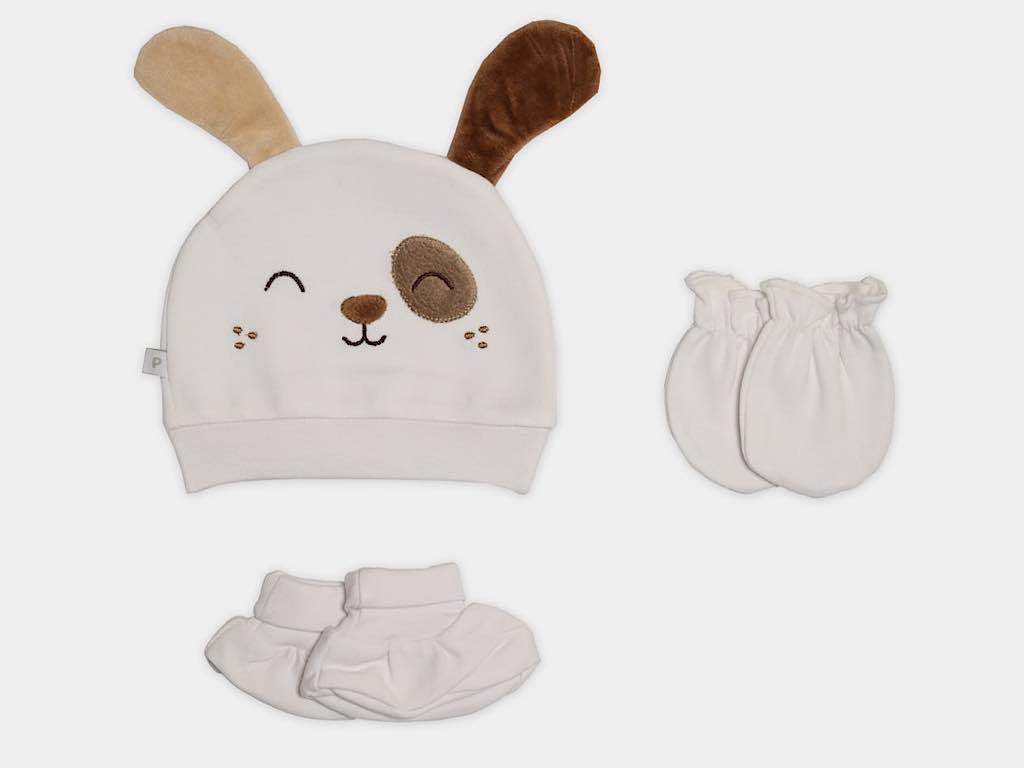 ست کلاه، دستکش و پاپوش نوزادی پسرانه طرح سگ پاپو papo