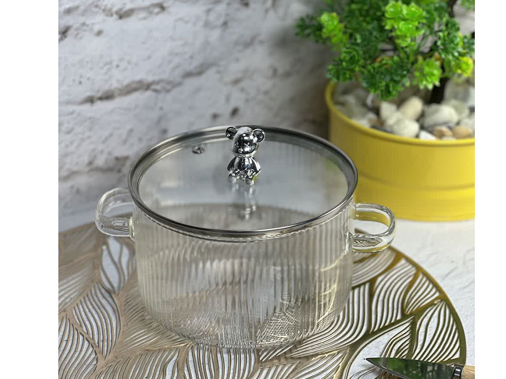 قابلمه پیرکس دسته دار  طرح شیار دار  درب خرسی