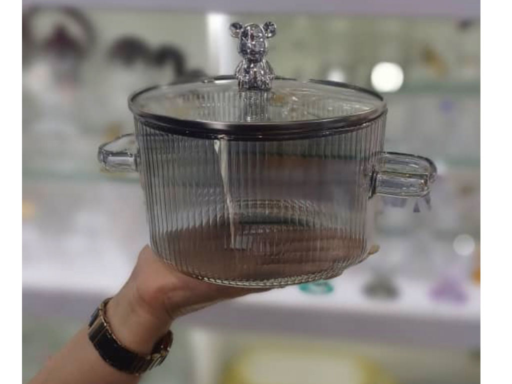 قابلمه پیرکس دسته دار  طرح شیار دار  درب خرسی