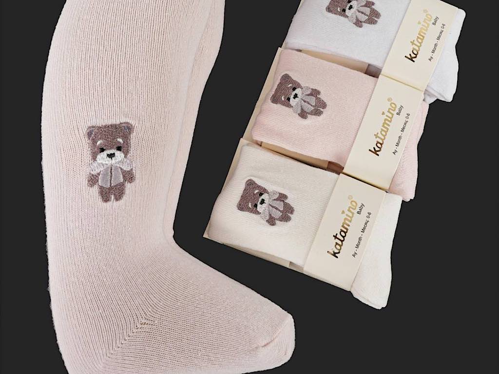 جوراب شلواری  نوزادی دخترانه 6-12  ماه طرح خرس گلدوزی katamino