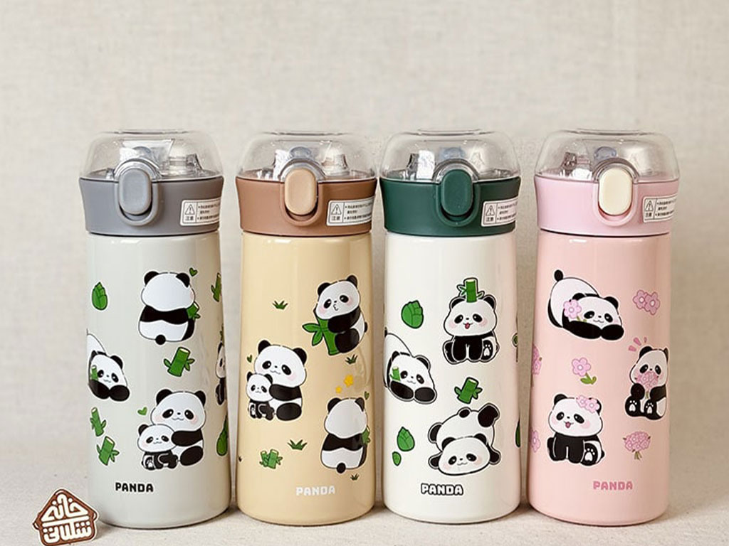 فلاسک استیل پاندایی 500 میلی لیتر دکمه ای نی دار