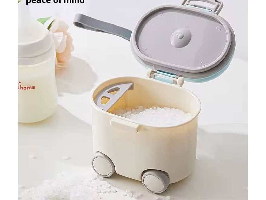 ظرف و انبار ذخیره شیر خشک نوزادی چرخ دار با پیمانه و چنگال