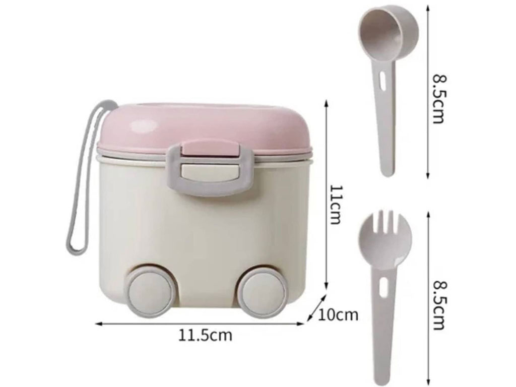 ظرف و انبار ذخیره شیر خشک نوزادی چرخ دار با پیمانه و چنگال