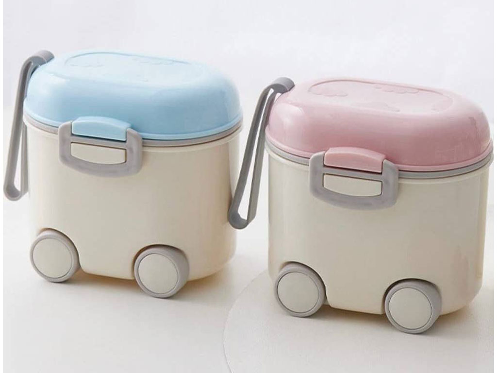 ظرف و انبار ذخیره شیر خشک نوزادی چرخ دار با پیمانه و چنگال