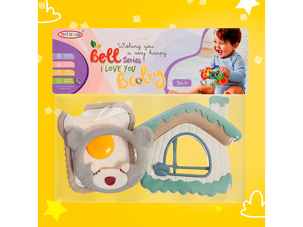 ست جغجغه و دندانگیر نوزادی 3 عددی طرح کلبه