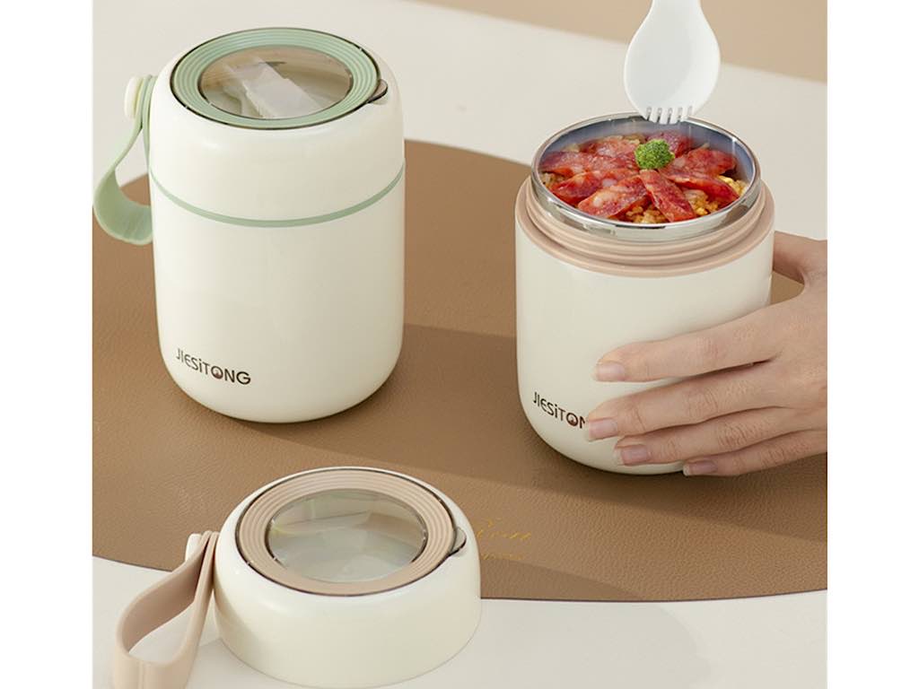 فلاسک و ظرف غذا استیل حجم 450 میلی لیتر با بند سیلیکونی و قاشق چنگالی تاشو