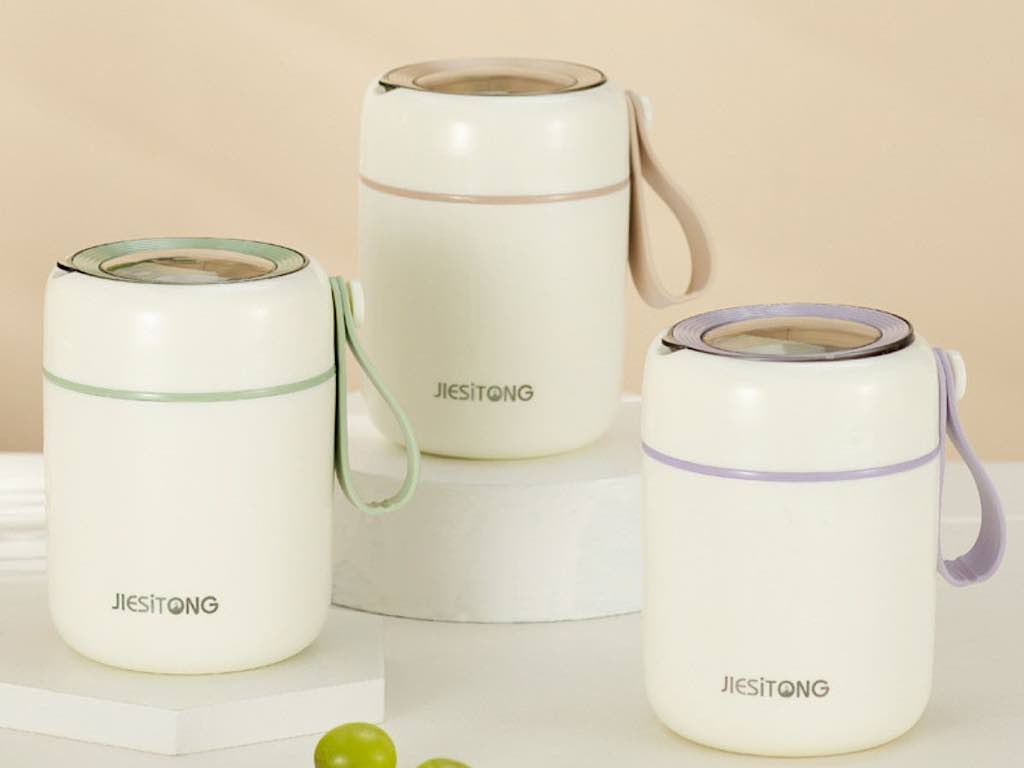 فلاسک و ظرف غذا استیل حجم 450 میلی لیتر با بند سیلیکونی و قاشق چنگالی تاشو