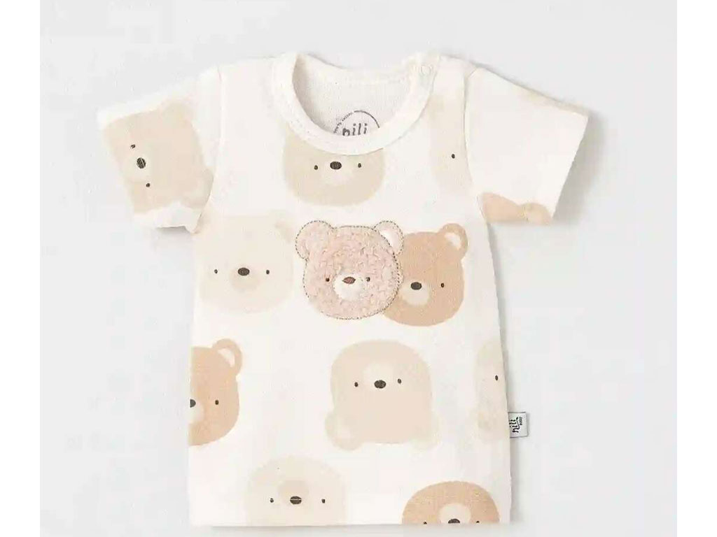 بلوز یقه گرد آستین کوتاه نوزادی طرح خرس کارامل نیلی nili