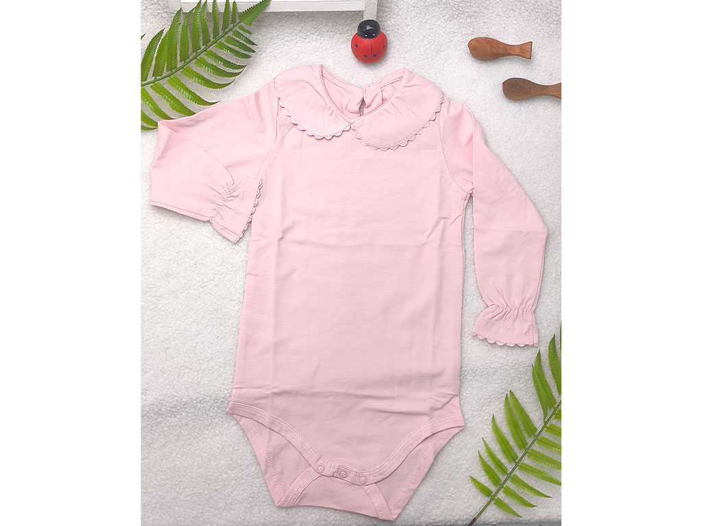 بادی آستین بلند نوزادی دخترانه رنگ صورتی یقه BB