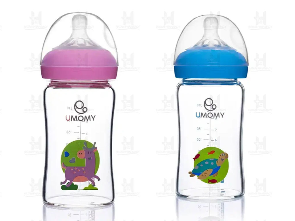 شیشه شیر پیرکس آنتی کولیک دهانه عریض حجم 210 میل 3 قطره بالای 12 ماه یومامی umomy