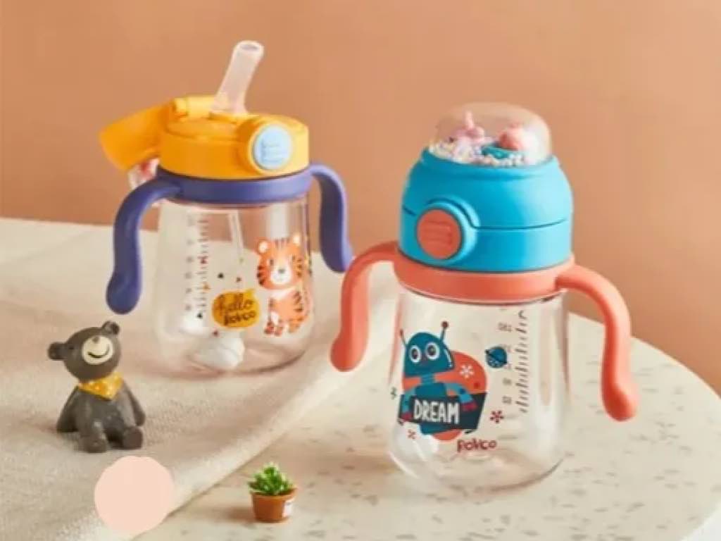 لیوان نی دار و دکمه ای نوزادی آنتی کولیک مدل جغجغه ای 260ml با سری نی یدک رووکو rovco