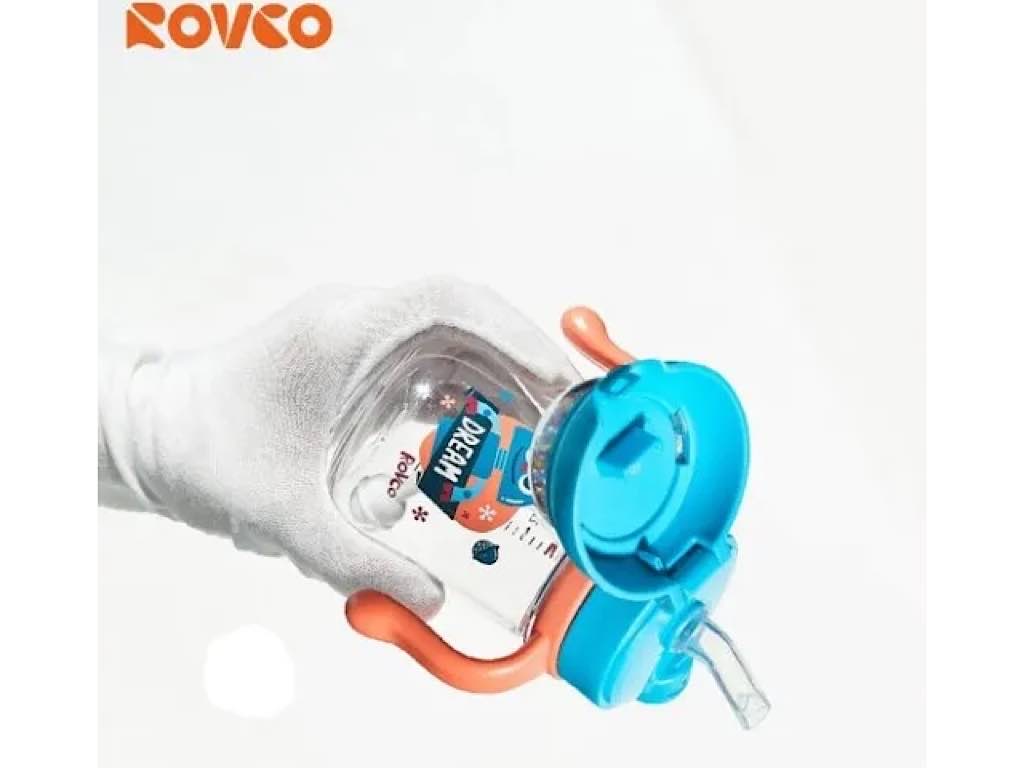 لیوان نی دار و دکمه ای نوزادی آنتی کولیک مدل جغجغه ای 260ml با سری نی یدک رووکو rovco
