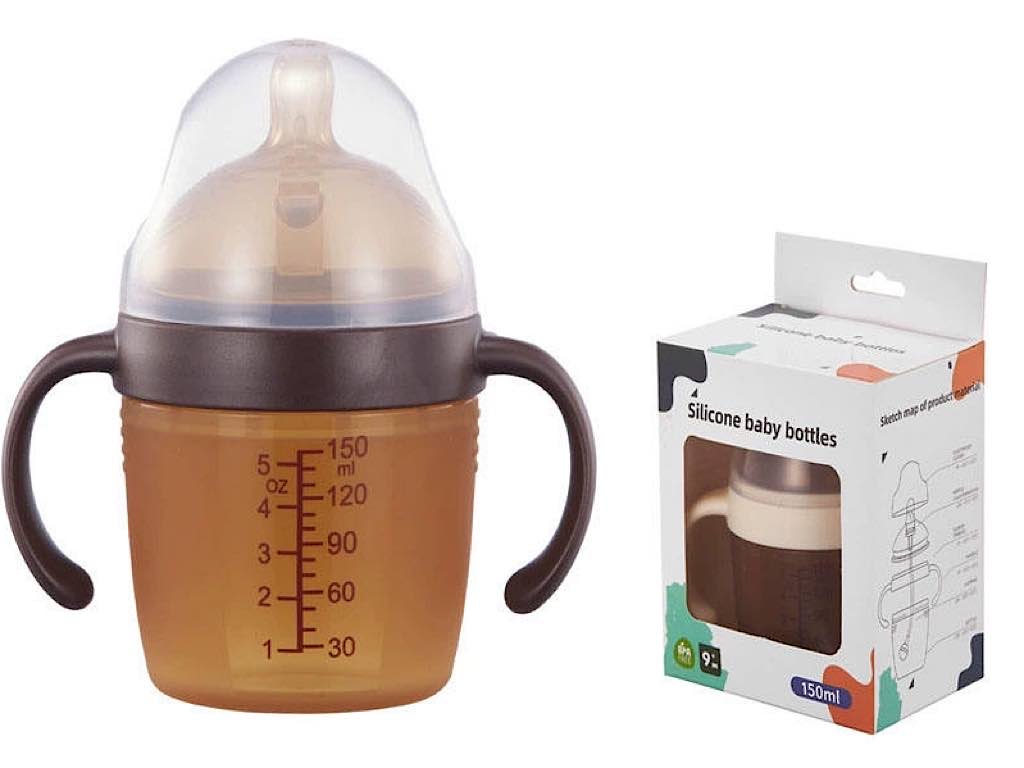 شیشه شیر دسته دارسوپاپ دار سیلیکونی  150 میلی لیتر طرح هی اور شی