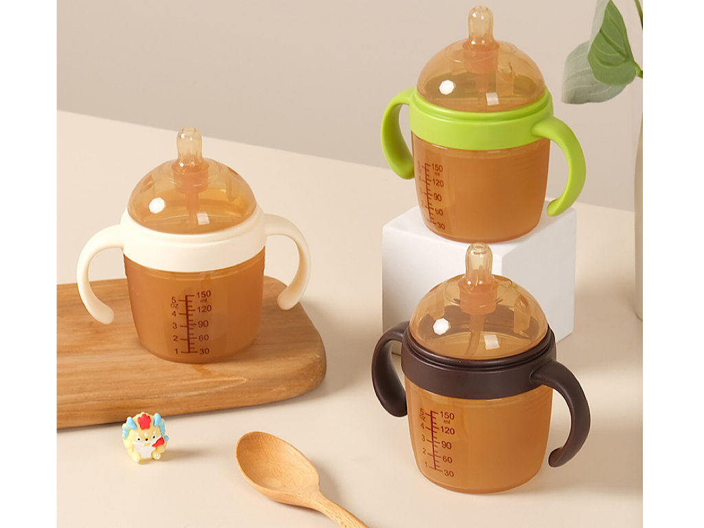 شیشه شیر دسته دارسوپاپ دار سیلیکونی  150 میلی لیتر طرح هی اور شی