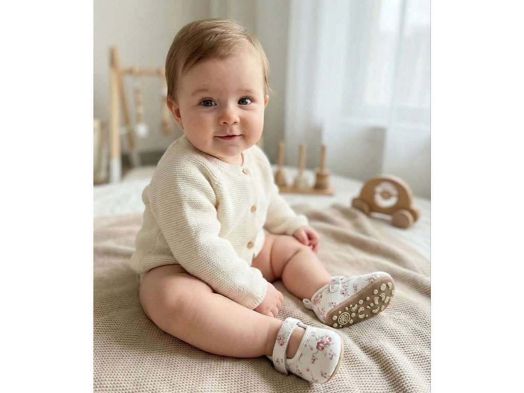 پاپوش استپ دار نوزادی رنگ سفید طرح گل های صورتی