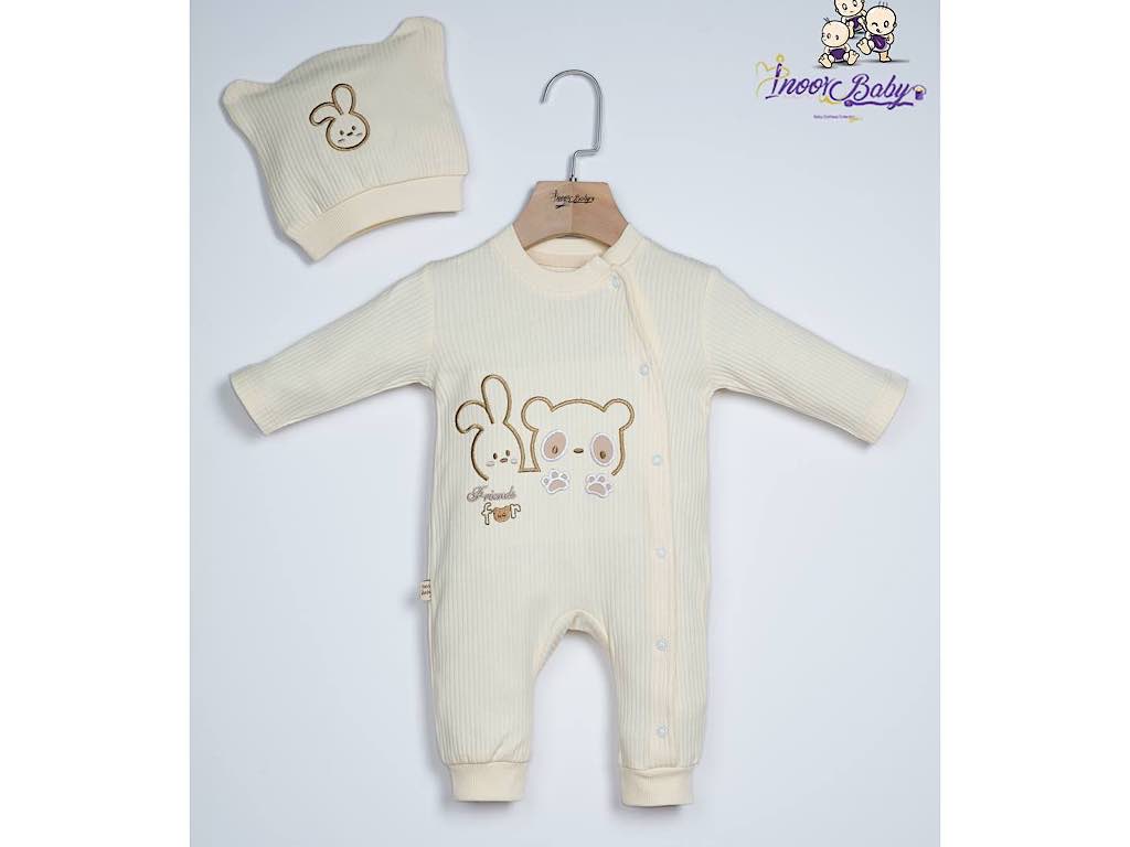 سرهمی کبریتی نوزادی کلاه دار رنگ کرم روشن طرح خرگوش و خرس