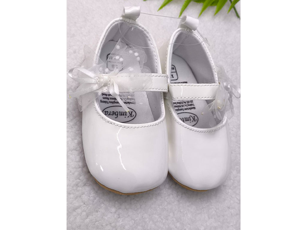 پاپوش سفید رنگ استپ دار نوزادی دخترانه طرح پاپیون توری