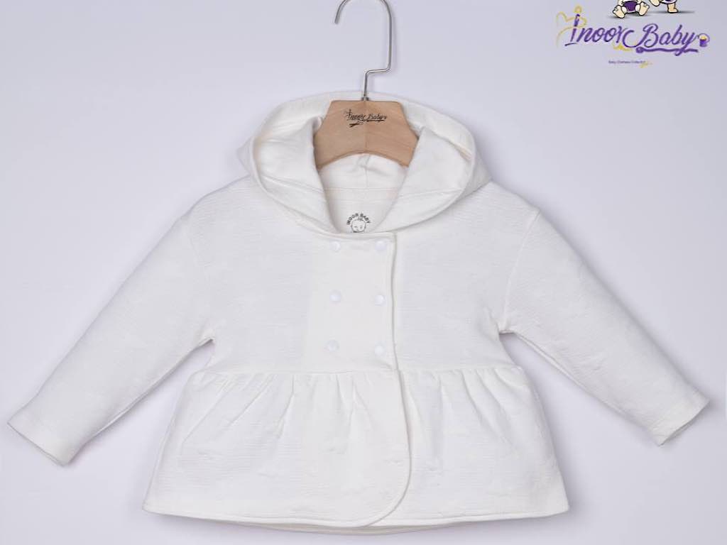 کت بلند تک کلاهدار دخترانه 6 دکمه سفید رنگ