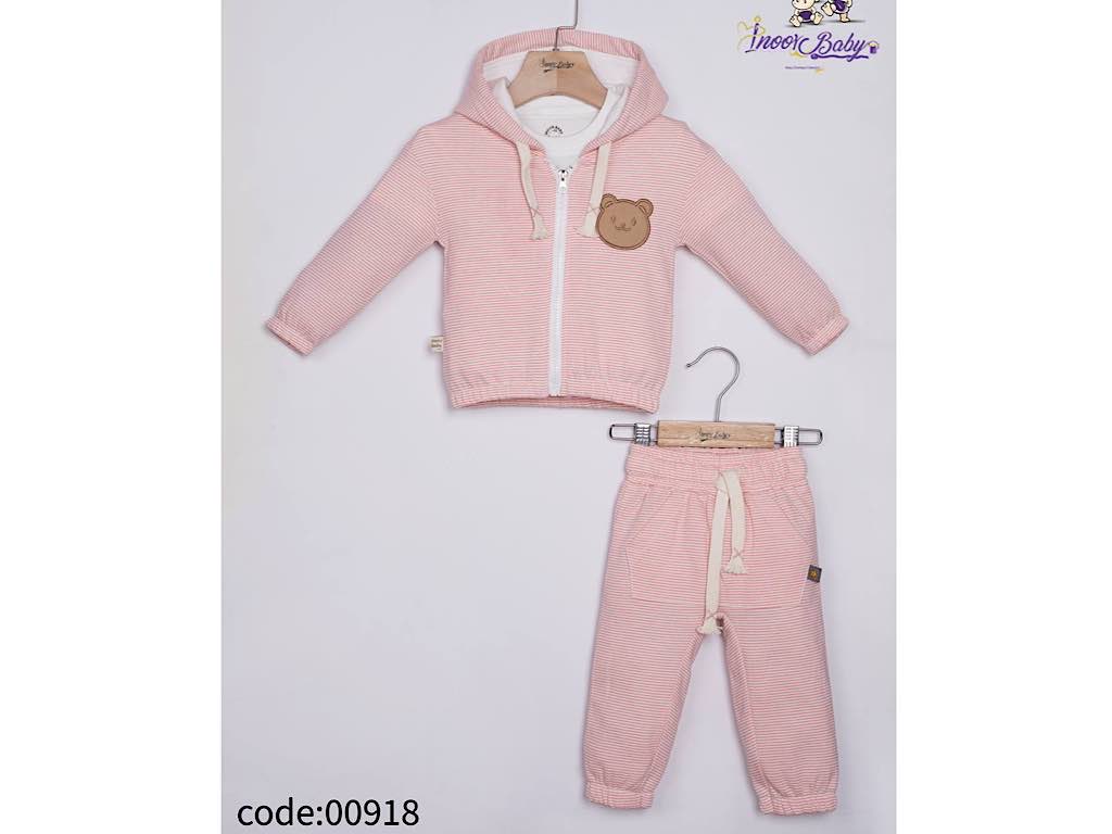 ست سه تکه سویشرت و بلوز و شلوار راه راه نوزادی دخترانه طرح little bear