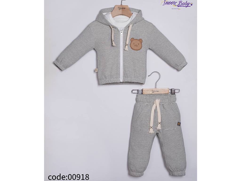 ست سه تکه سویشرت و بلوز و شلوار راه راه نوزادی پسرانه طرح little bear