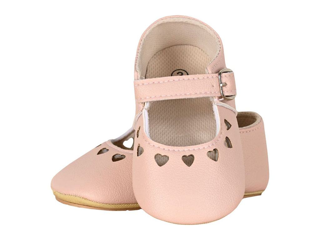 پاپوش صورتی رنگ استپ دار نوزادی دخترانه طرح قلب