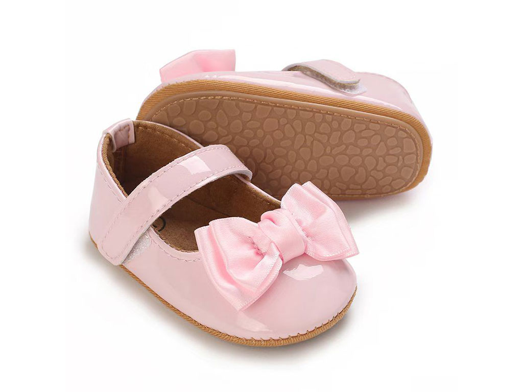 پاپوش صورتی رنگ استپ دار نوزادی دخترانه طرح پاپیون