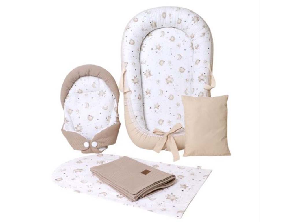 ست تشک لبه دار و آغوشگیر (قنداق سوئیسی) با بالشت و روانداز و زیرانداز تعویض طرح کهکشان الا ELA