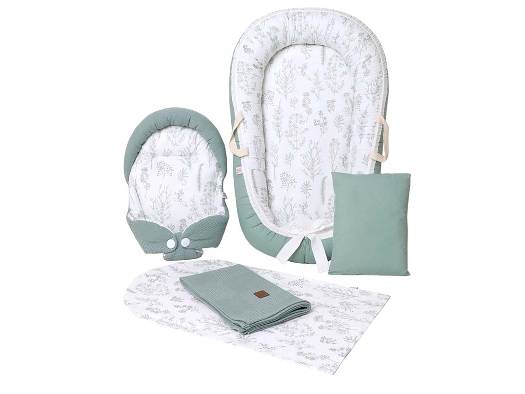 ست تشک لبه دار و آغوشگیر (قنداق سوئیسی) با بالشت و روانداز و زیرانداز تعویض طرح پیکه نبات سبز الا ELA