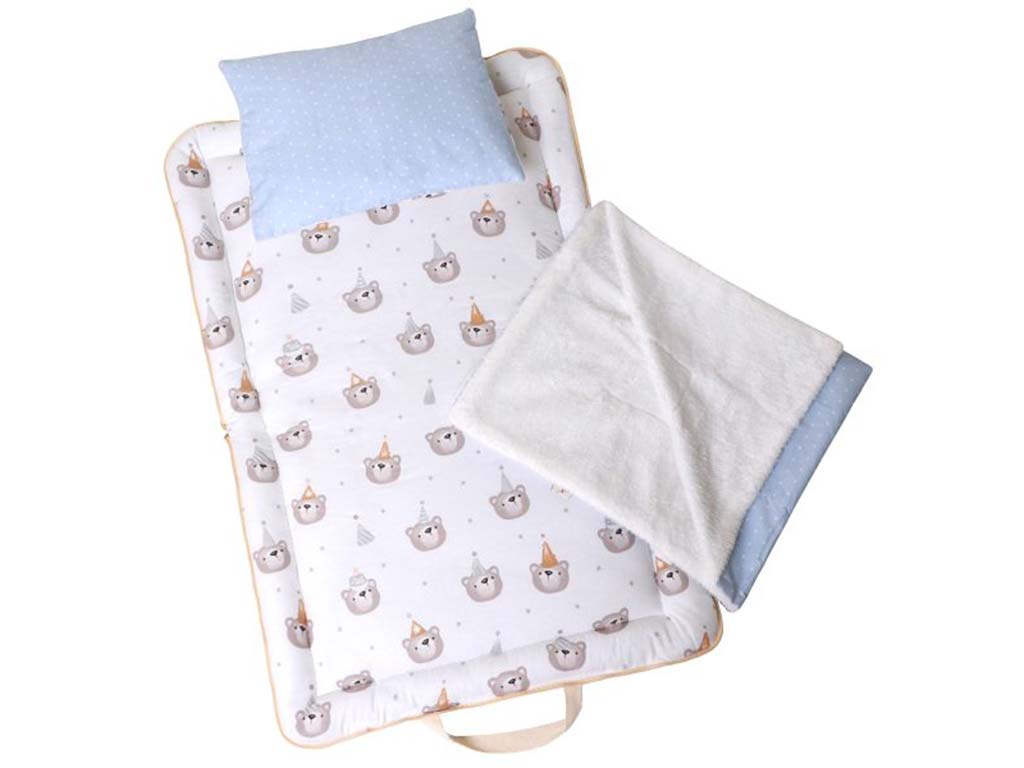 سرویس خواب دم دستی مسافرتی نوزادی مجموعه 3 عددی تشک، پتو و بالشت با بسته بندی کیفی طرح خرس تولد آبی الا ELA