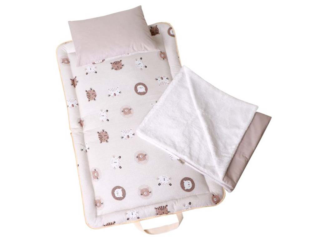 سرویس خواب دم دستی مسافرتی نوزادی مجموعه 3 عددی تشک، لحاف و بالشت با بسته بندی کیفی طرح گربه نسکافه ای الا ELA