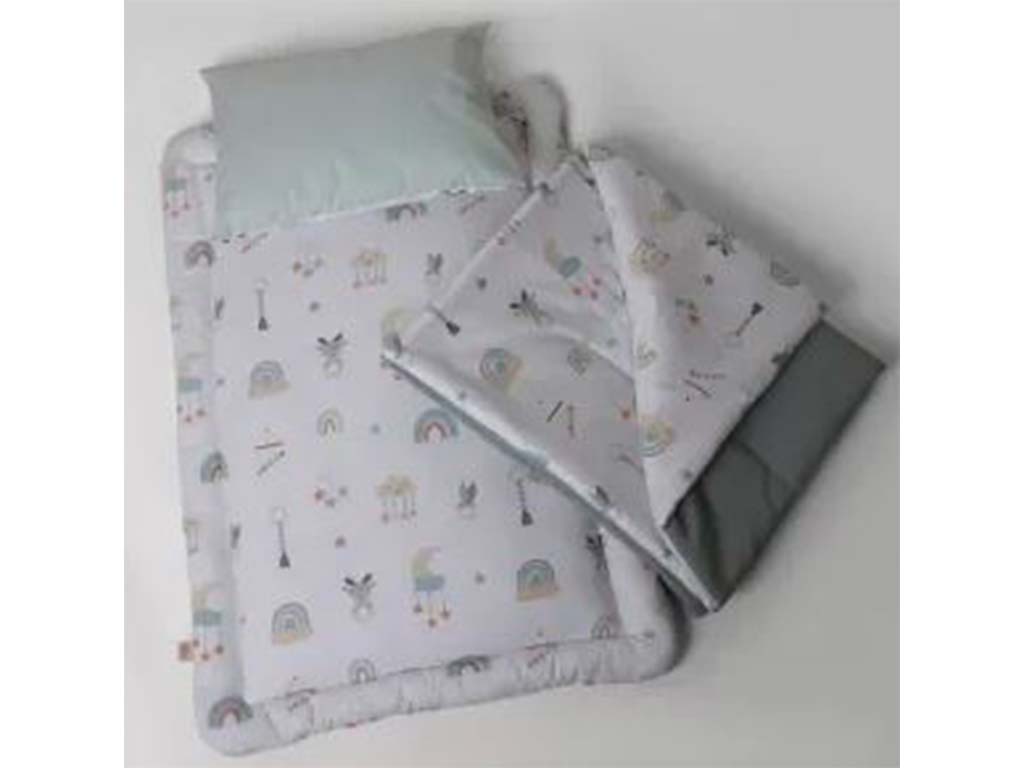 سرویس خواب دم دستی مسافرتی نوزادی(سایز 2)مجموعه 3 عددی تشک، لحاف و بالشت طرح آویز رنگین کمان سبزآبی الا ELA