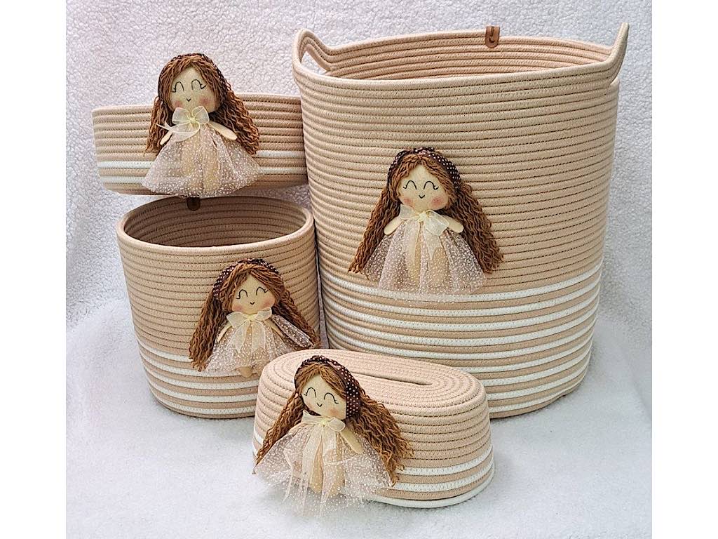 سبد لباس و سطل زباله و جای دستمال و سبد لوسیون قیطون دوزی شده طرح فرشته