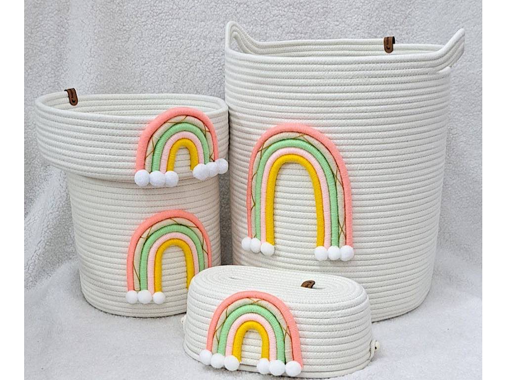 سبد لباس و سطل زباله و جای دستمال و سبد لوسیون قیطون دوزی شده طرح رنگین کمان