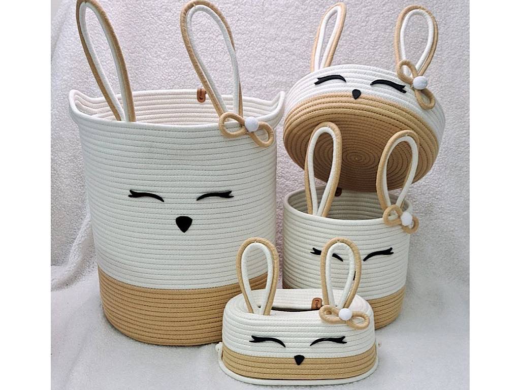 سبد لباس و سطل زباله و جای دستمال و سبد لوسیون قیطون دوزی شده طرح خرگوش
