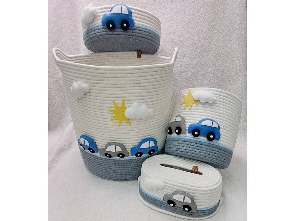 سبد لباس و سطل زباله و جای دستمال و سبد لوسیون قیطون دوزی شده طرح ماشین