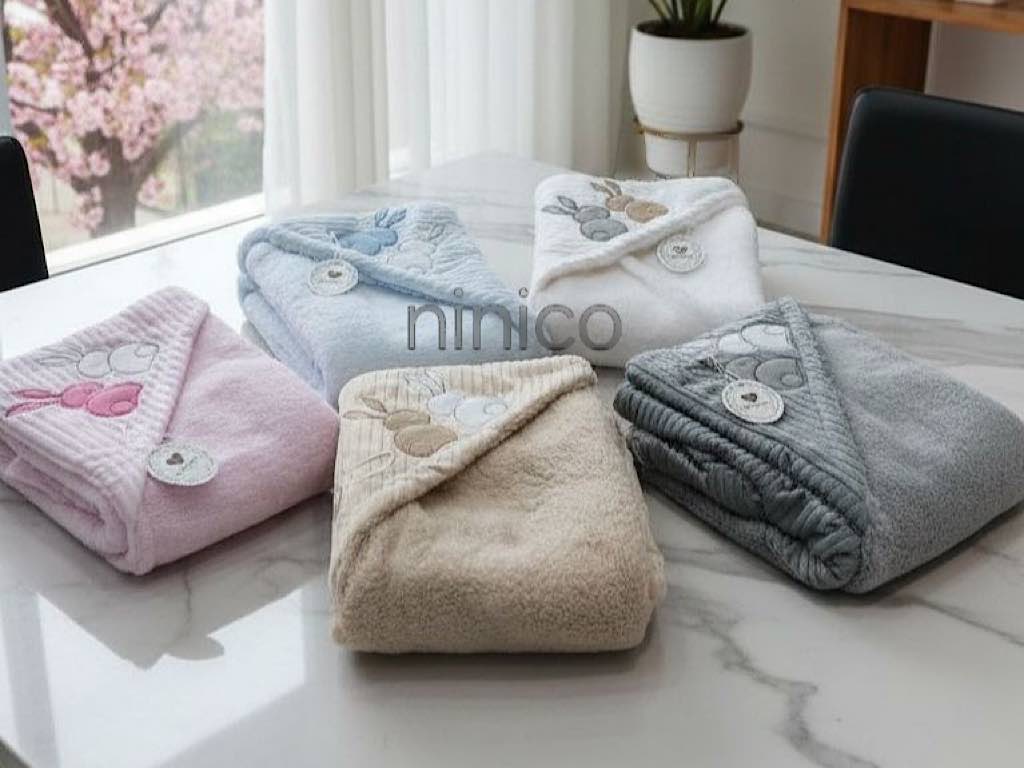 پتو کلاهدار کبریتی پولیشی نوزادی طرح دو خرگوش caramall