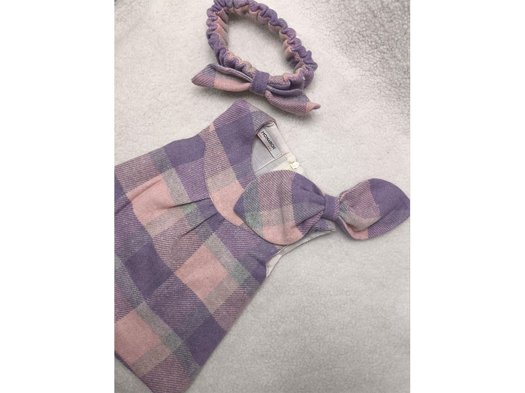 سارافون پاپیون صورتی یاسی چهارخانه هدبند دار