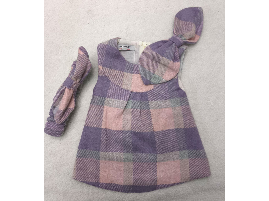 سارافون پاپیون صورتی یاسی چهارخانه هدبند دار